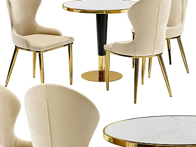 Modern Elegant Dining Table Set With Round Marble Top And Beige Gold Leg Chairs 3d model