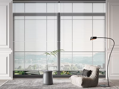 Modern Living Room With White Horizontal Blinds On Large Windows Scenic View And Floor Lamp 3d model