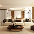 Modern Warm Toned Living Dining Area With Sofa Coffee Table And Cabinets