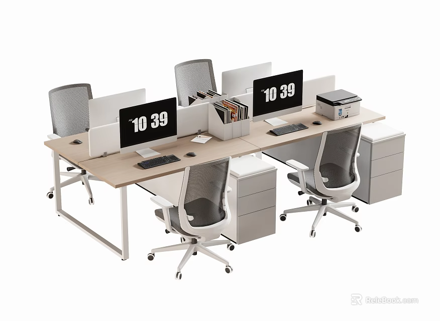 Modern Office Desk Workstation With Computer Monitors Ergonomic Chairs And Drawer Cabinets 3d model