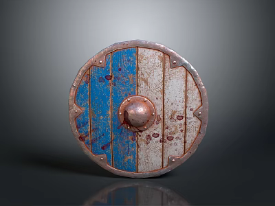 Vintage Round Shield With Blue And White Stripes Copper Center Rusty Texture And Rivets 3d model