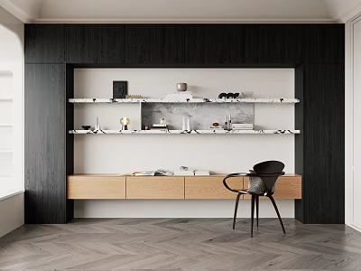 Modern Wooden Desk Setup With Black Chair Floating Shelves And Decorative Items 3d model