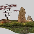 Natural Garden Plant Combination With Red Foliage Tree Stones And Green Grass Low Shrubs