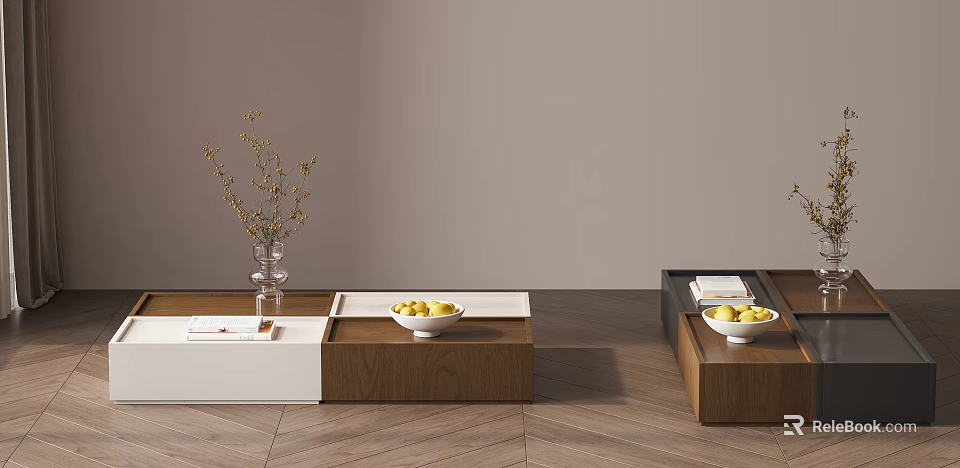 Modern Wooden Coffee Table With Vase Branches Fruit Bowl And Books On Top 3d model 