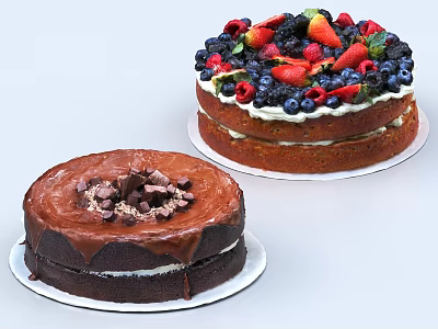 Delicious Chocolate Cake With Chocolate Chunks And Fresh Fruit Cake Topped With Mixed Berries 3d model