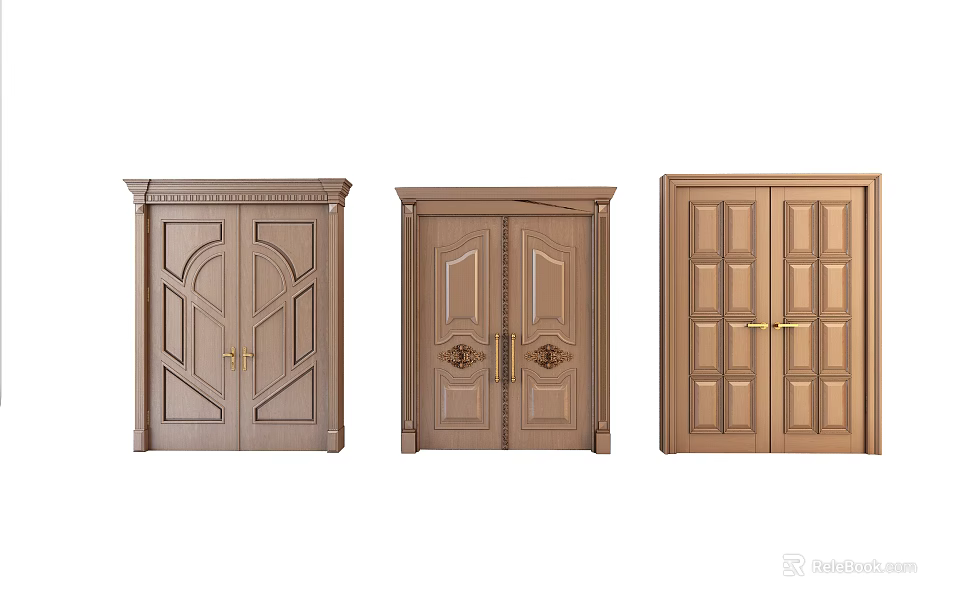 Wooden Double Doors With Various Carved Patterns For Home Interior Design 3d model