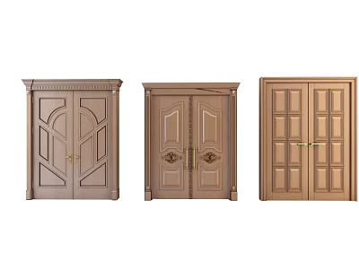 Wooden Double Doors With Various Carved Patterns For Home Interior Design 3d model