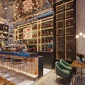 Stylish Modern Bar Interior Design With Mirrored Ceiling Counter Stools And Bottle Shelves