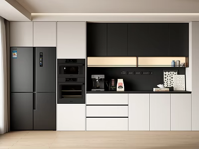 Modern Stylish Sideboard In Open Plan Kitchen With Black White Cabinets And Appliances 3d model