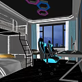 Hotel Guest Room With Bunk Bed Gaming Chairs Computers And Modern Lighting 3d model