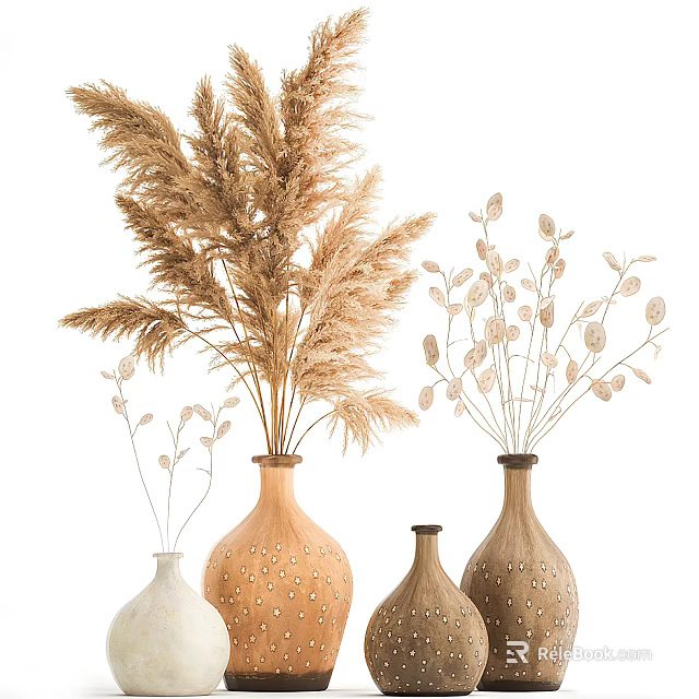 Textured Ceramic Vases with Pampas Grass and Leafy Branches for Home Decor 3d model 