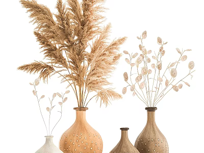 Textured Ceramic Vases with Pampas Grass and Leafy Branches for Home Decor 3d model