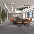 Modern Conference Room Interior With Orange Chairs Large Windows And Ceiling Lighting 3d model