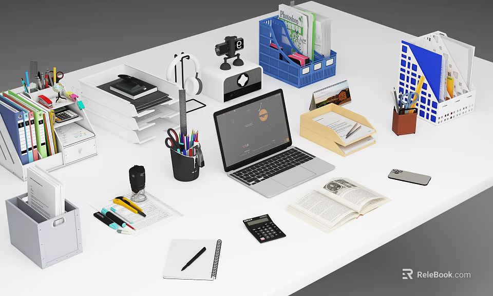 Neat Office Workspace Setup With Laptop Stationery Open Book Calculator And File Organizer 3d model 