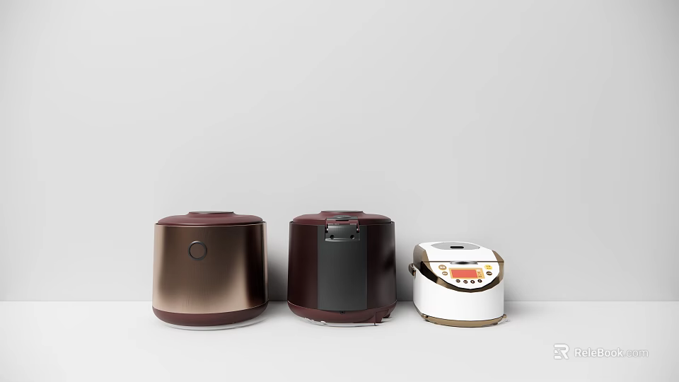 Three Rice Cookers In Various Colors Displayed As Modern Kitchen Appliances 3d model 