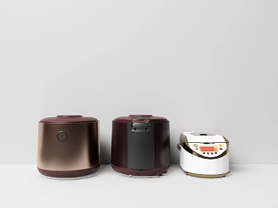 Three Rice Cookers In Various Colors Displayed As Modern Kitchen Appliances 3d model