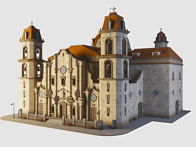 Historic Church Building Featuring Stone Facade Orange Roof and Bell Towers with Crosses 3d model