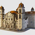 Historic Church Building Featuring Stone Facade Orange Roof and Bell Towers with Crosses