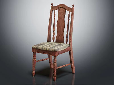 Classic Wooden Leisure Chair With Carved Backrest And Striped Fabric Seat 3d model