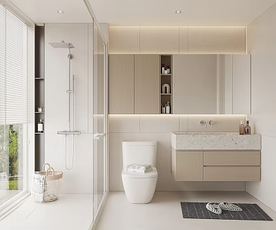 Modern Bathroom Interior With Glass Shower Toilet Vanity Mirror And Wooden Cabinets 3d model