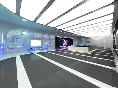 Modern Spacious Exhibition Hall With White Ceiling Strip Lights Blue Line Displays And Gray White Flooring 3d model