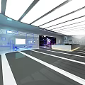 Modern Spacious Exhibition Hall With White Ceiling Strip Lights Blue Line Displays And Gray White Flooring