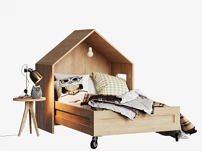 Wooden House Shaped Kids Bed With Bedside Table Lamp Pillows Blankets And Wheels 3d model