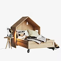 Wooden House Shaped Kids Bed With Bedside Table Lamp Pillows Blankets And Wheels