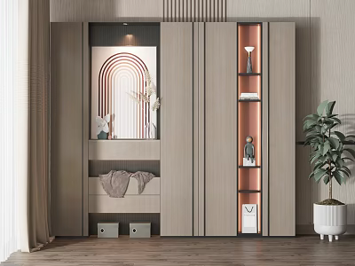 Modern Interior Decorative Cabinet With Built In Lighting Arched Mirror And Open Shelves 3d model