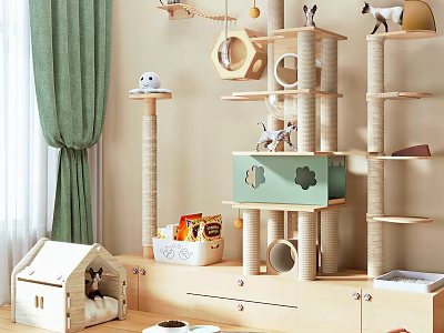 Cat Furniture Setup With Tree Cozy Bed Shelves Toys And Wooden Cabinet 3d model