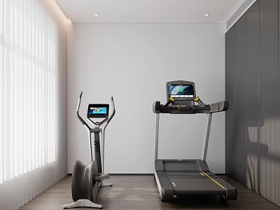 Modern Home Gym Room With Elliptical Trainer Treadmill Digital Screens White Walls And Wooden Floor 3d model