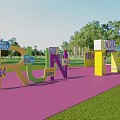 Outdoor Event Setup With Colorful RUN Letters Pink Ground Green Grass Trees And Signboards