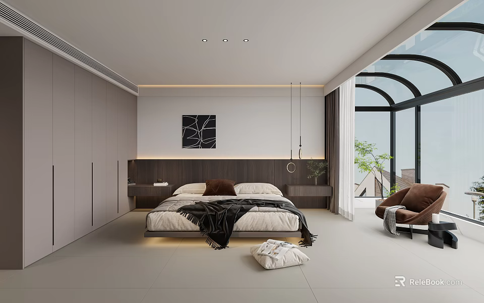 Modern Bedroom Interior Design With Bed Nightstand Wardrobe And Floor to Ceiling Window 3d model 