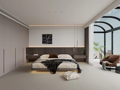 Modern Bedroom Interior Design With Bed Nightstand Wardrobe And Floor to Ceiling Window 3d model