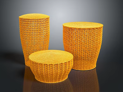 Yellow Wicker Round Stools With Three Sizes And Modern Design 3d model