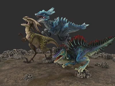 Colorful Reptiles Various Dinosaur Species In Prehistoric Landscape With Rocks And Sandy Ground 3d model