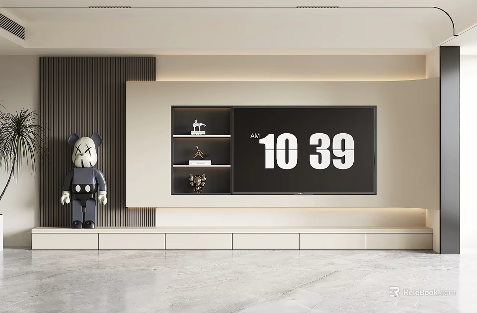 Modern Living Room Interior Design With TV Wall Storage Cabinets TV And Stuffed Toy Decoration 3d model 