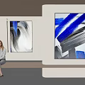 Abstract Blue Black White Brushstroke Wall Art In Modern Interior Setting 3d model