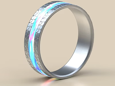 Silver Ring With Textured Surface And Colorful Lights 3d model