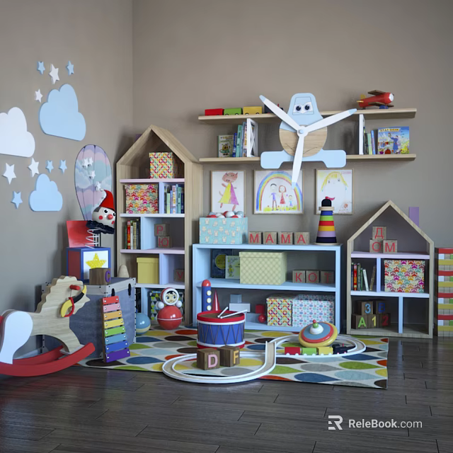Kids Playroom With Wooden Playhouses Bookshelves Rocking Horse And Colorful Blocks 3d model 