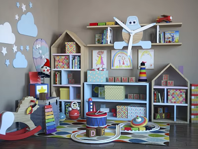 Kids Playroom With Wooden Playhouses Bookshelves Rocking Horse And Colorful Blocks 3d model