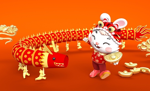 Modern Cartoon Characters Year of the Rabbit Dragon Dance 3d model