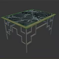 Blue Green Veined Marble Top Dining Table With Golden Geometric Legs Design