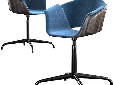 Two Blue Modern Office Chairs with Upholstered Seats Wooden Armrests and Metal Base 3d model