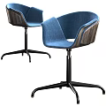 Two Blue Modern Office Chairs with Upholstered Seats Wooden Armrests and Metal Base