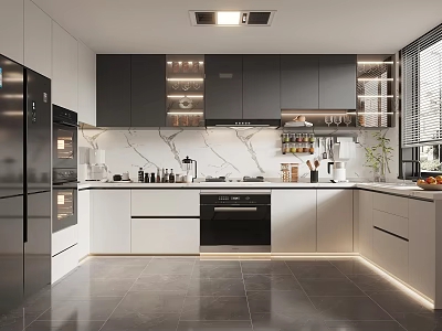 Modern Kitchen Interior With Dark Gray White Cabinets Marble Countertops And Stainless Steel Appliances 3d model
