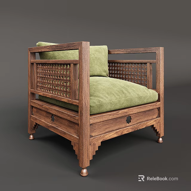 Single Sofa With Wooden Frame Green Cushion Lattice Design Drawer Storage And Brass Legs 3d model 