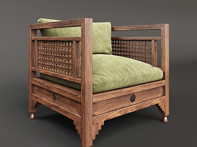 Single Sofa With Wooden Frame Green Cushion Lattice Design Drawer Storage And Brass Legs 3d model