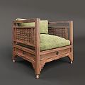 Single Sofa With Wooden Frame Green Cushion Lattice Design Drawer Storage And Brass Legs
