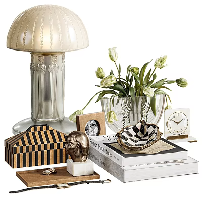 Elegant Decorative Ornament Set With Glass Table Lamp Vase Flowers Clock And Sculpture 3d model